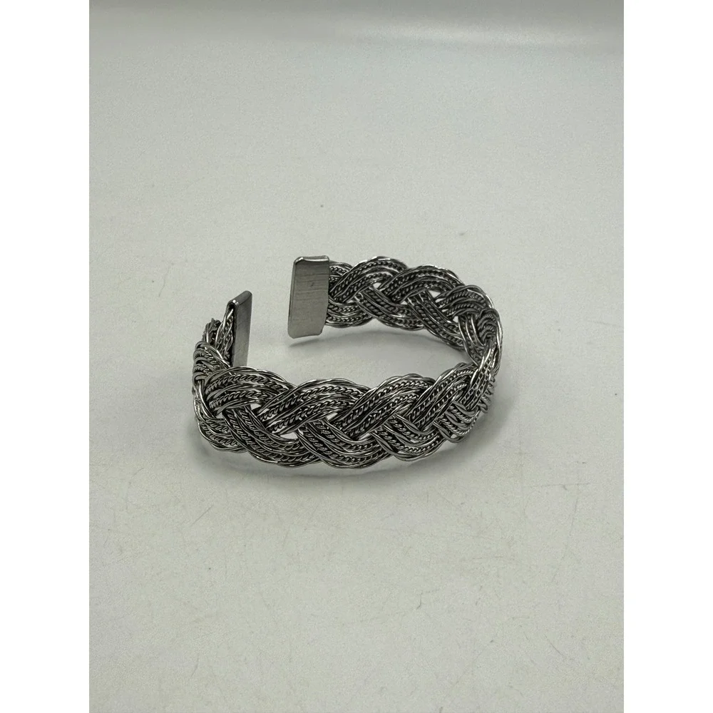 Silver Tone Woven Braided Wire Cuff Bracelet Wide Metallic Open Bangle